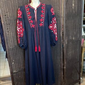 Zara Navy Dress with Red Floral Embroidery